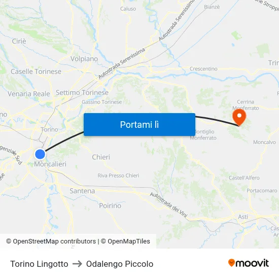 Torino Lingotto to Odalengo Piccolo map
