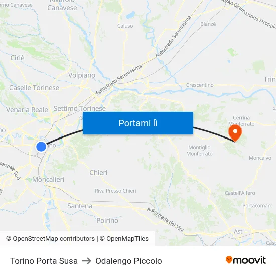 Torino Porta Susa to Odalengo Piccolo map