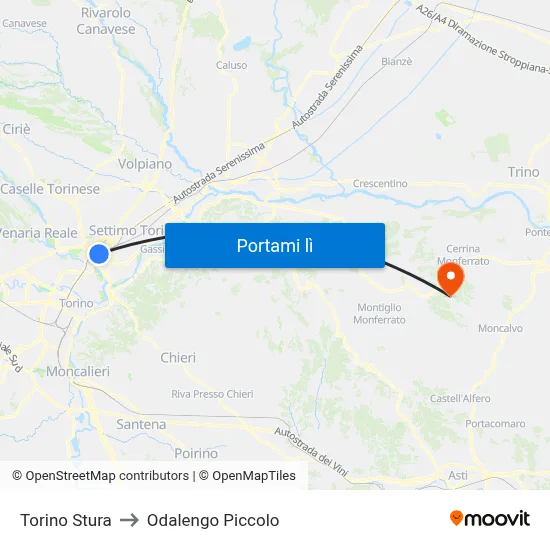 Torino Stura to Odalengo Piccolo map