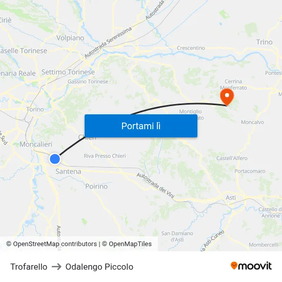 Trofarello to Odalengo Piccolo map