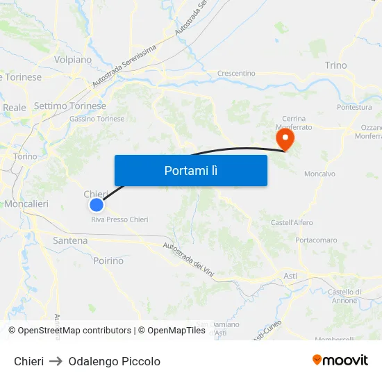 Chieri to Odalengo Piccolo map