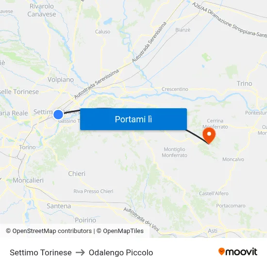 Settimo Torinese to Odalengo Piccolo map