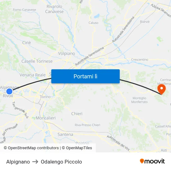 Alpignano to Odalengo Piccolo map