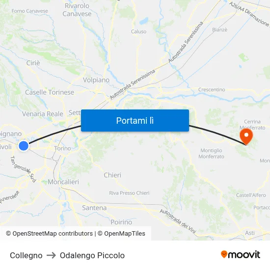 Collegno to Odalengo Piccolo map