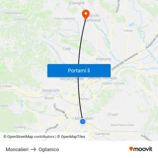 Moncalieri to Oglianico map
