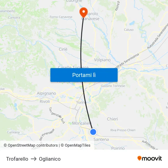 Trofarello to Oglianico map