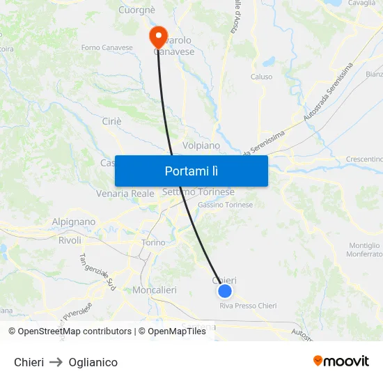 Chieri to Oglianico map