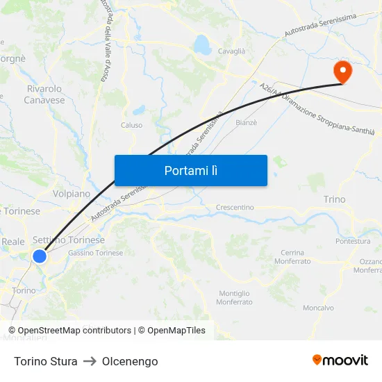 Torino Stura to Olcenengo map