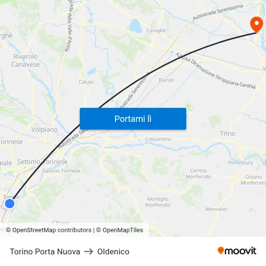 Torino Porta Nuova to Oldenico map