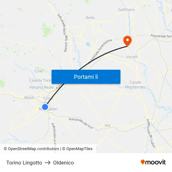 Torino Lingotto to Oldenico map