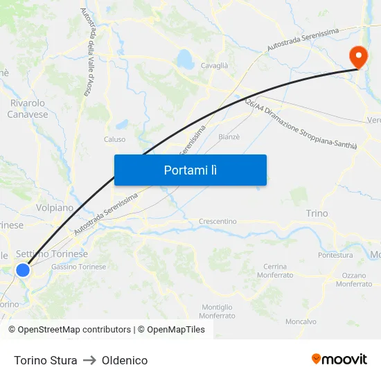 Torino Stura to Oldenico map