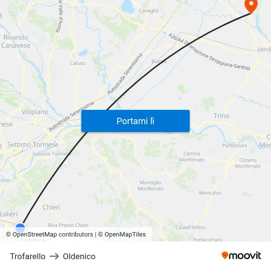 Trofarello to Oldenico map
