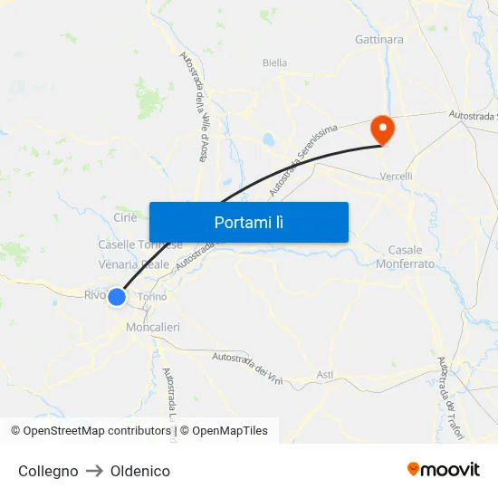 Collegno to Oldenico map