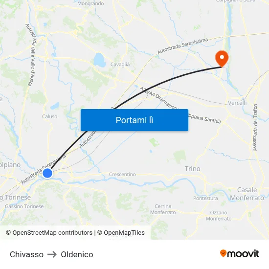 Chivasso to Oldenico map