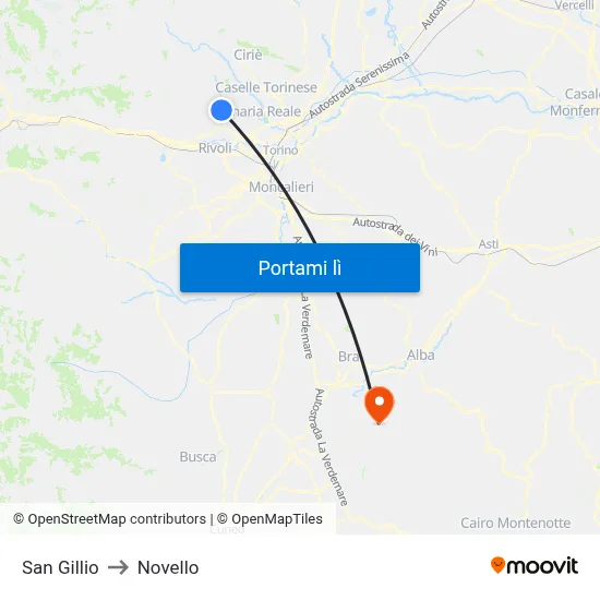 San Gillio to Novello map