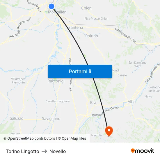 Torino Lingotto to Novello map