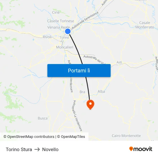 Torino Stura to Novello map