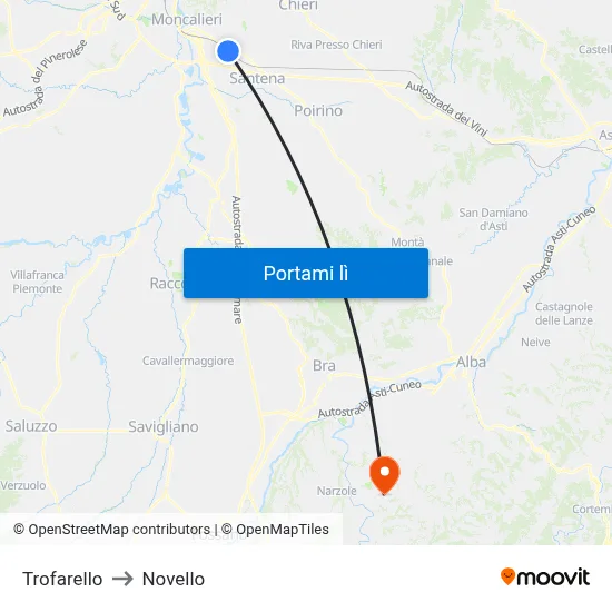 Trofarello to Novello map
