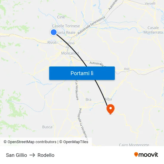 San Gillio to Rodello map
