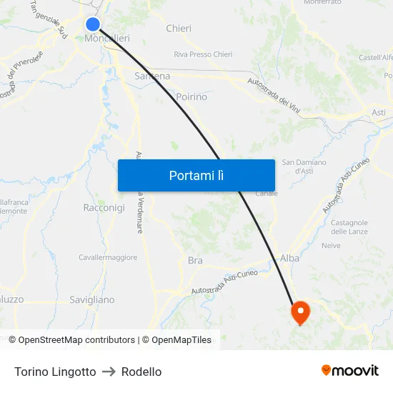 Torino Lingotto to Rodello map