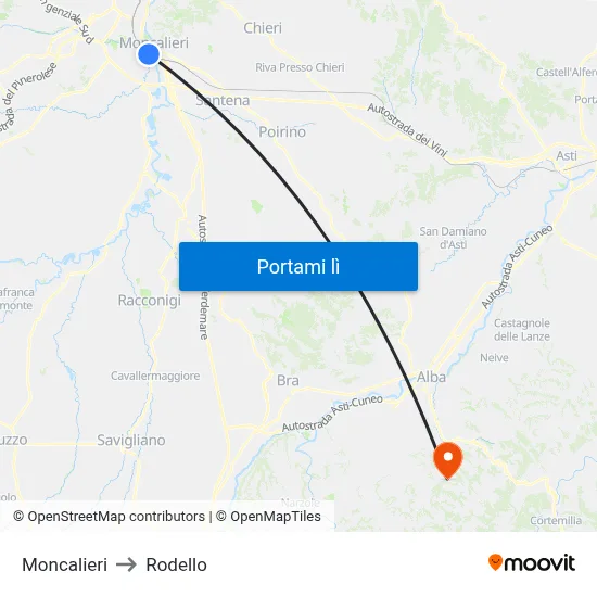 Moncalieri to Rodello map