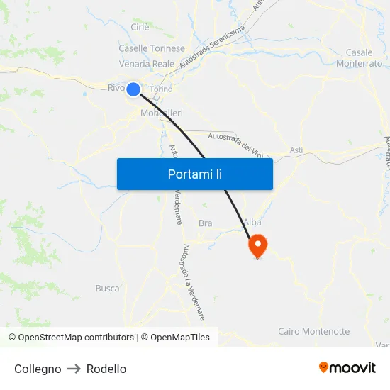 Collegno to Rodello map