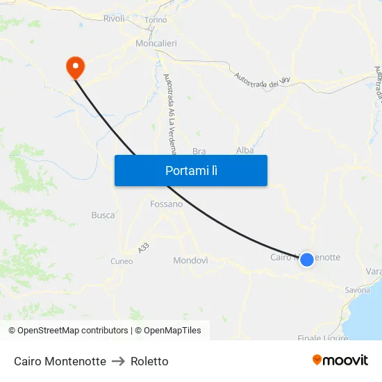 Cairo Montenotte to Roletto map
