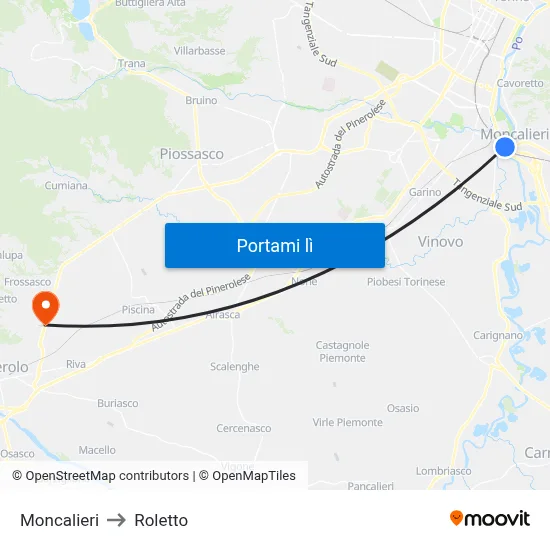 Moncalieri to Roletto map