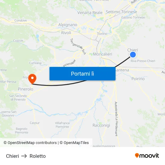 Chieri to Roletto map