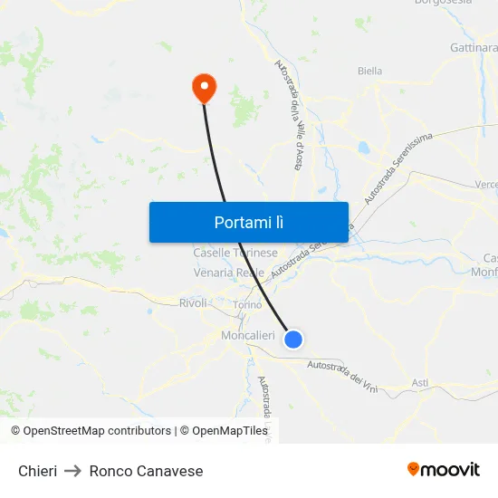 Chieri to Ronco Canavese map