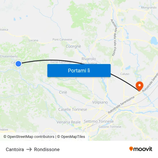 Cantoira to Rondissone map