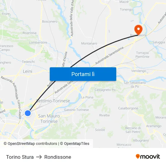 Torino Stura to Rondissone map