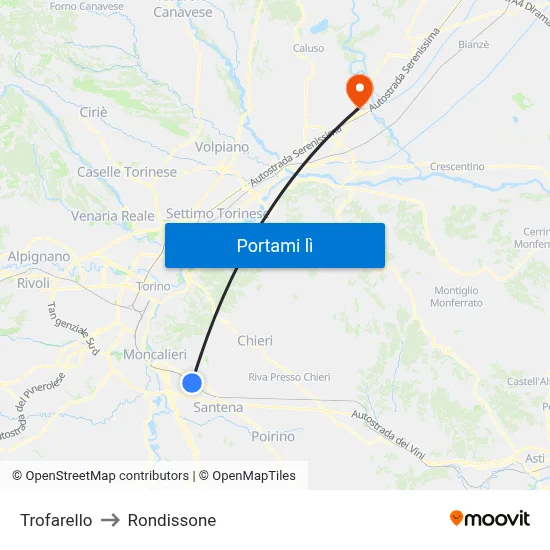 Trofarello to Rondissone map