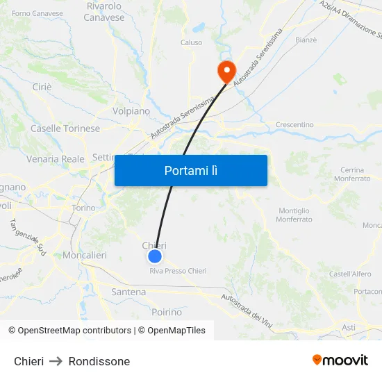 Chieri to Rondissone map