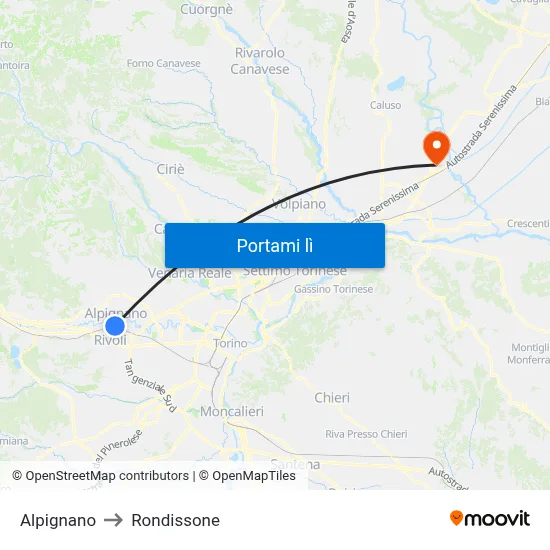 Alpignano to Rondissone map