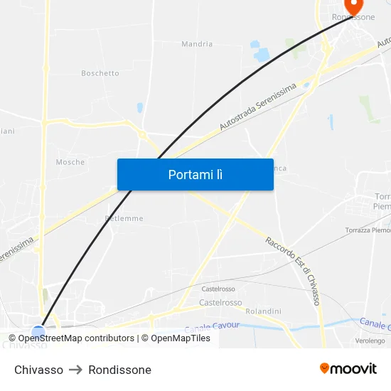 Chivasso to Rondissone map