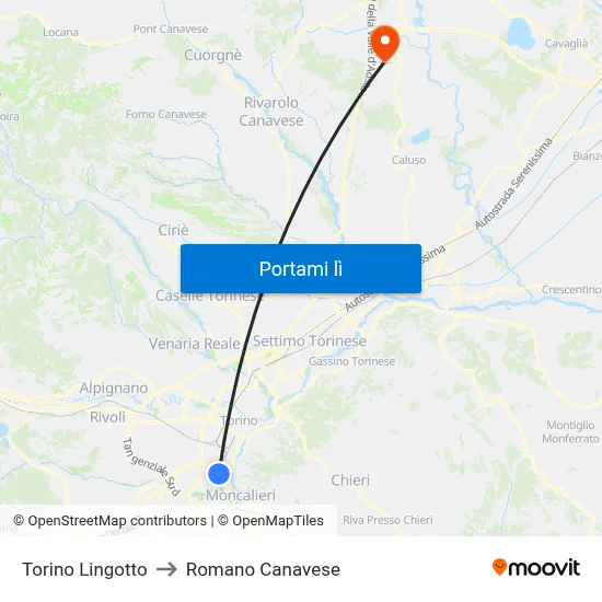 Torino Lingotto to Romano Canavese map