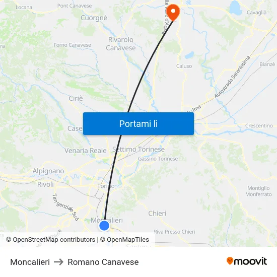 Moncalieri to Romano Canavese map