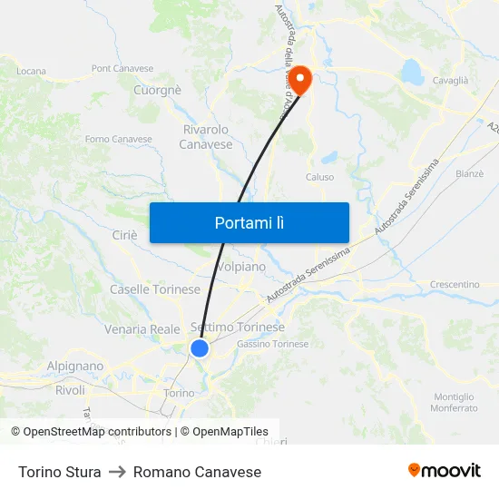 Torino Stura to Romano Canavese map
