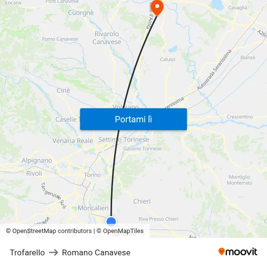 Trofarello to Romano Canavese map