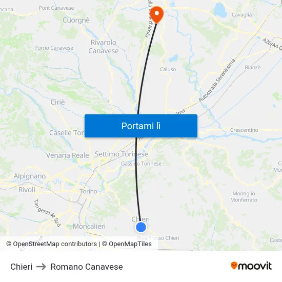 Chieri to Romano Canavese map