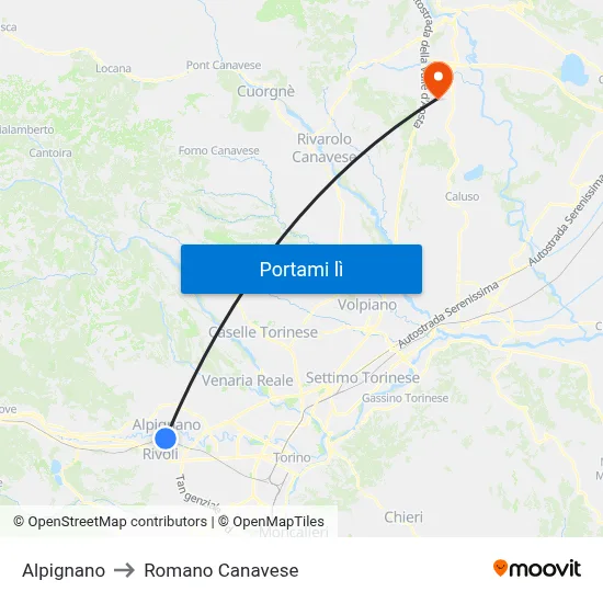 Alpignano to Romano Canavese map