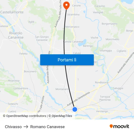 Chivasso to Romano Canavese map