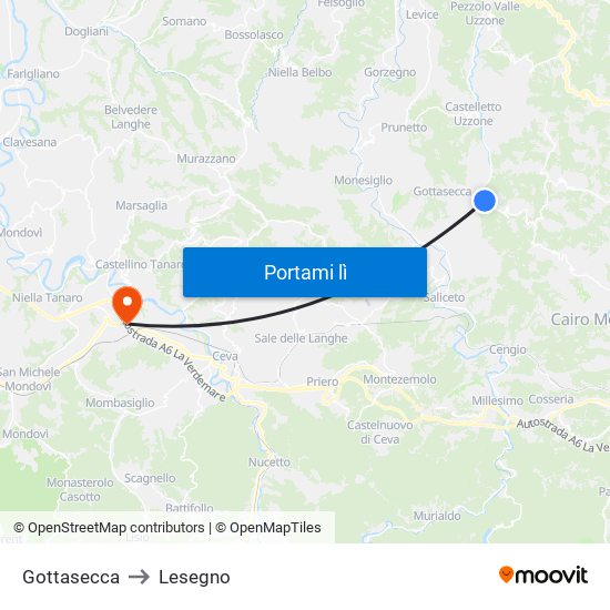Gottasecca to Lesegno map
