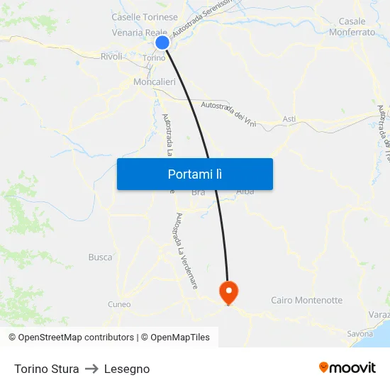 Torino Stura to Lesegno map