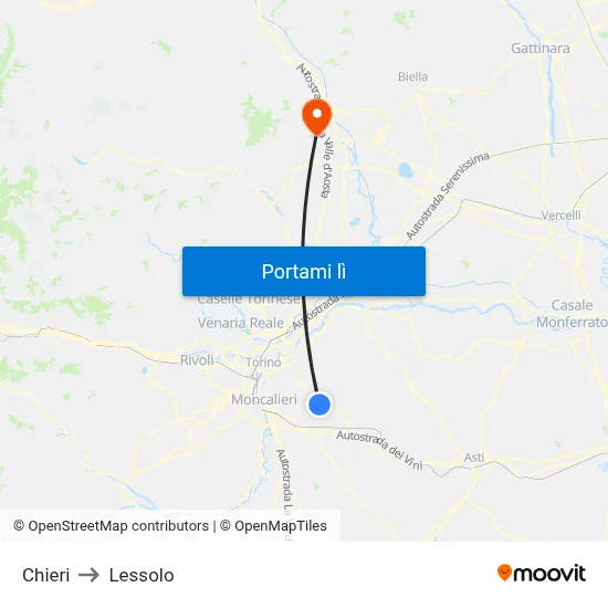 Chieri to Lessolo map