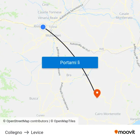 Collegno to Levice map
