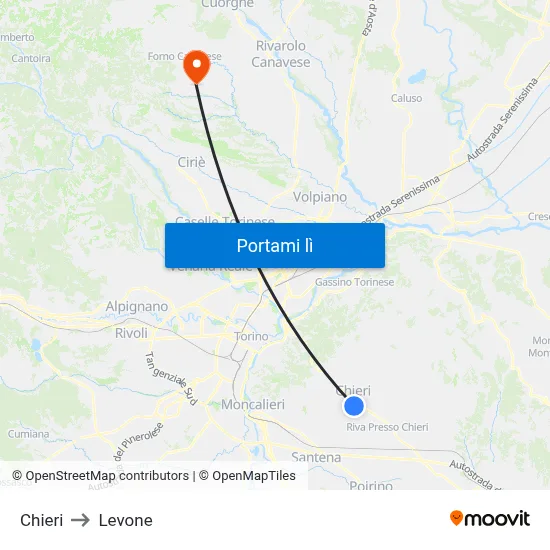 Chieri to Levone map