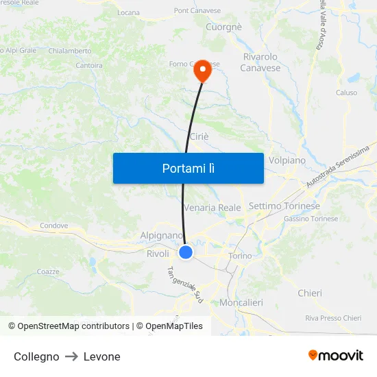 Collegno to Levone map