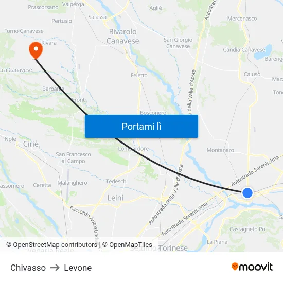 Chivasso to Levone map